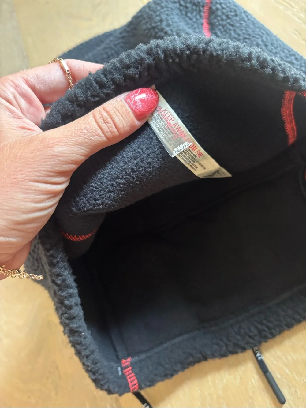 Free People FP Movement Hit The Slopes Balaclava Black Fleece Red Stitch Hood